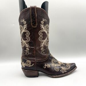 Cavender's Womens 9.5 B Brown Leather Floral Embroidered Studded Western Boots